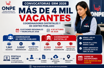 ONPE ofrece más de 4 mil vacantes para las ERM 2026: buscan Coordinadores Distritales y de Centro Poblado